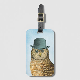 Vintage Owl in Green Hat with Sky Blue Luggage Tag