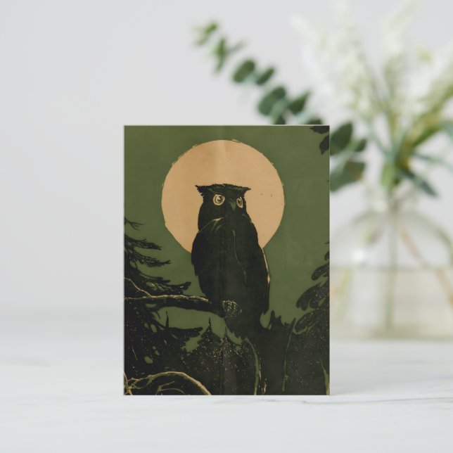 Vintage Owl in Moonlight Halloween Art Postcard (Standing Front)