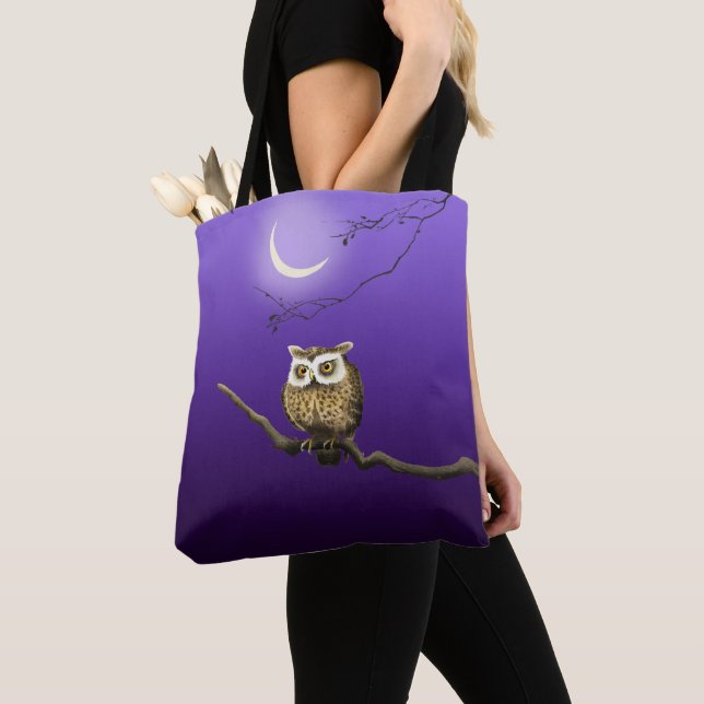 Vintage Owl Night Moonlight Deep Blue Tote Bag (Close Up)