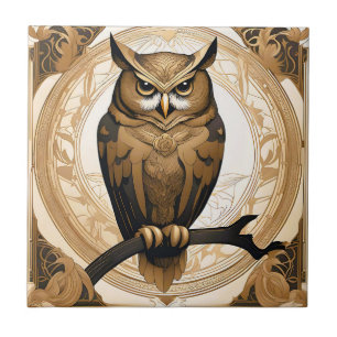 Vintage Owl Portrait Gold Ceramic Tile