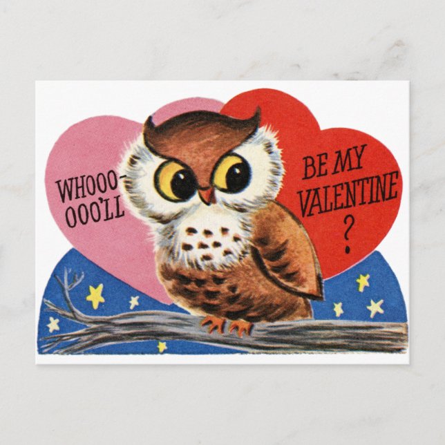 Vintage Owl Valentine Holiday Postcard (Front)