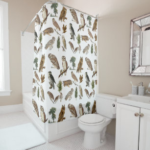 Vintage Owl Watercolor Forest Pattern Shower Curtain
