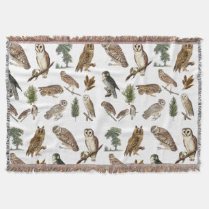 Vintage Owl Watercolor Forest Pattern Throw Blanket