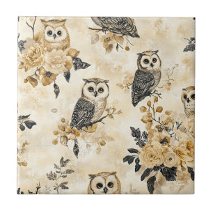 Vintage Owls & Floral Botanical Pattern (10) Ceramic Tile