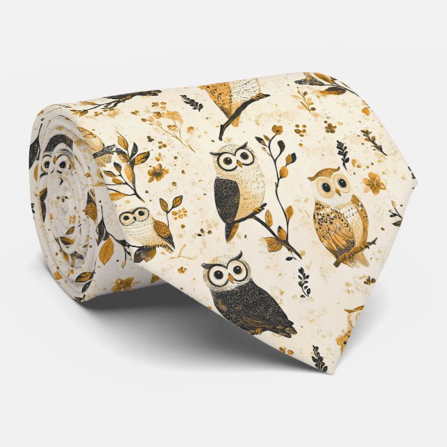 Vintage Owls & Floral Botanical Pattern (2) Tie (Rolled)