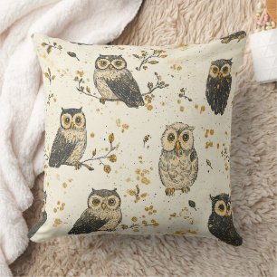 Vintage Owls & Floral Botanical Pattern Cushion