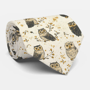 Vintage Owls & Floral Botanical Pattern Tie