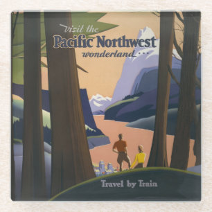 Vintage Pacific Northwest Travel Poster 1925 Train Glass Coaster