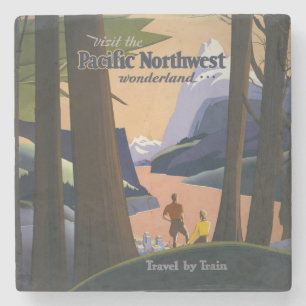 Vintage Pacific Northwest Travel Poster 1925 Train Stone Coaster