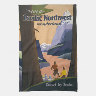 Vintage Pacific Northwest Travel Poster 1925 Train Tea Towel