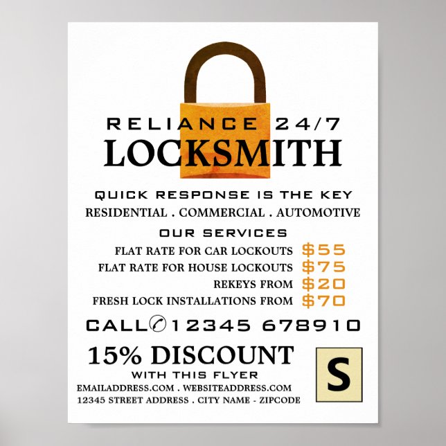 Vintage Padlock, Locksmith Advertising Poster (Front)