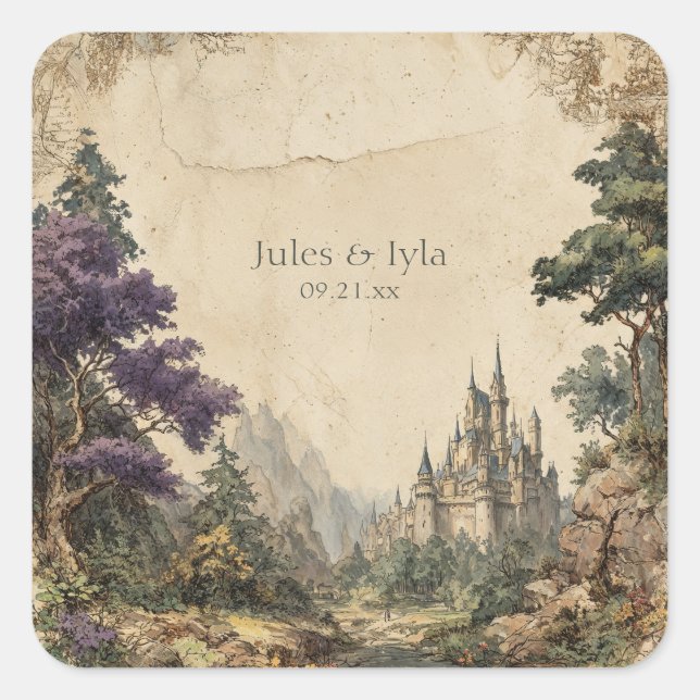 Vintage Painted Castle Woodland Valley Wedding Square Sticker (Front)