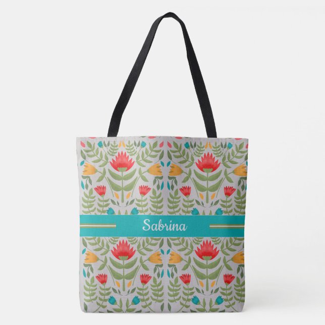 Vintage Painted Floral Monogrammed Tote Bag (Front)