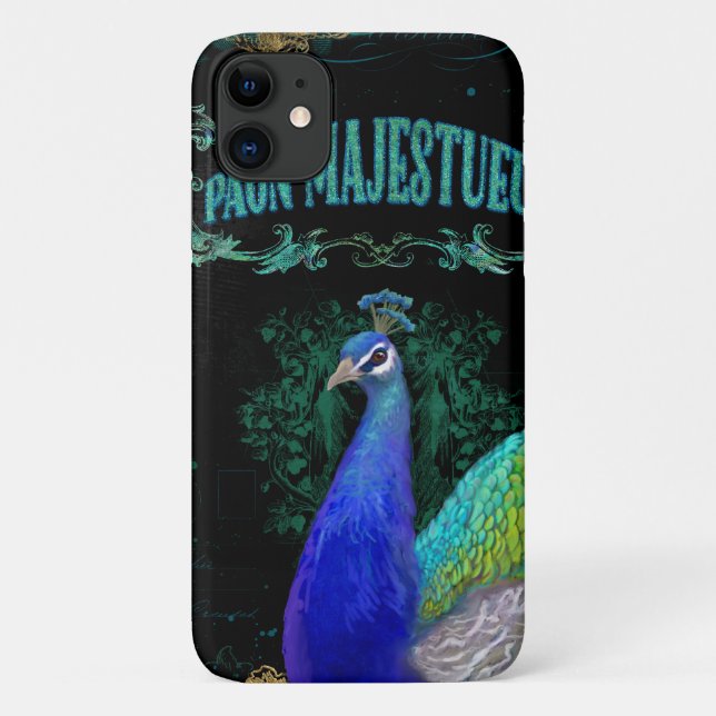 Vintage Painted Peacock Vintage Blue Typography Case-Mate iPhone Case (Back)