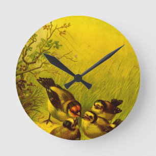 Vintage Painted Sparrows Round Wall Clock