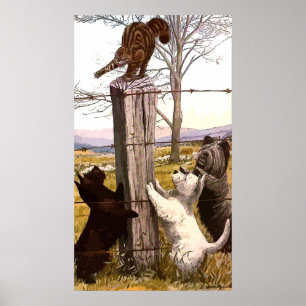 Vintage Painted Terriers and Bobcat Poster