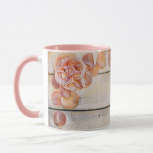 Vintage Painting Pink Roses Petals on Wood Mug