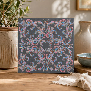 Vintage Paisley Ceramic Tile in Slate Blue & Blush