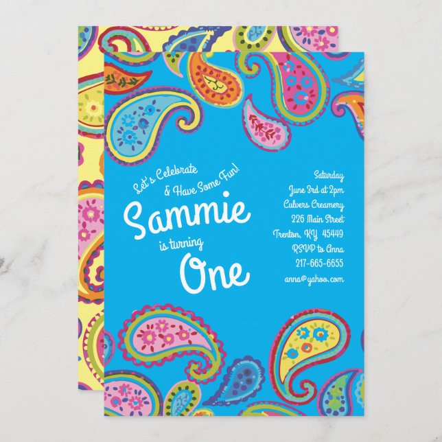 Vintage Paisley Colourful 1st Birthday Invitations (Front/Back)