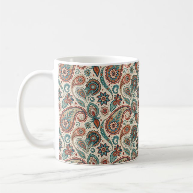 Vintage Paisley in Red Teal Cream Coffee Mug (Left)