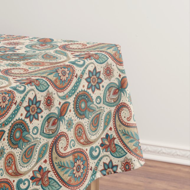 Vintage Paisley in Red Teal Cream Tablecloth (In Situ)