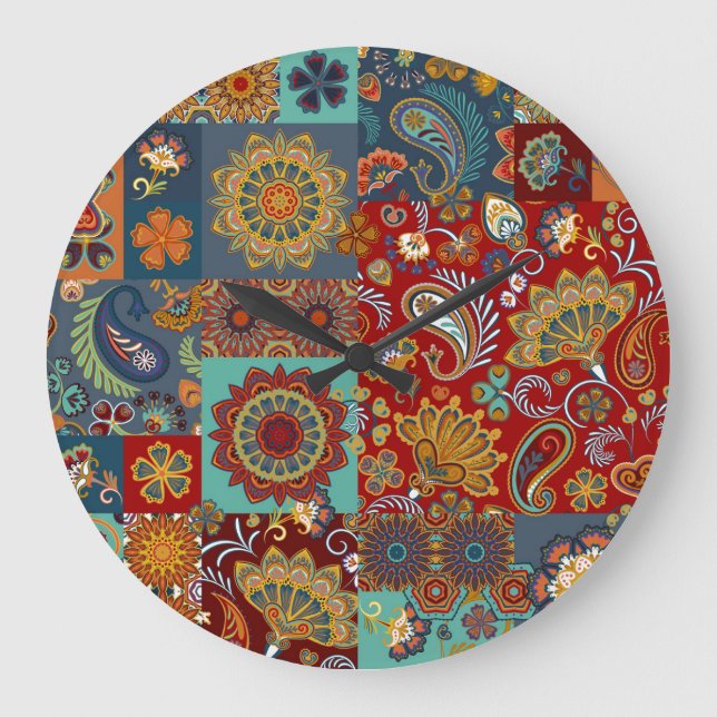 Vintage Paisley Mandala Colourful Patchwork Large Clock (Front)
