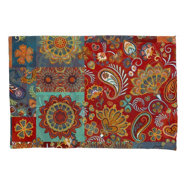 Vintage Paisley Mandala Colourful Patchwork Pillowcase (Front)