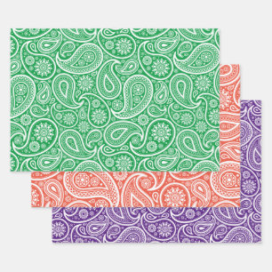 Vintage paisley on orange, green and purple wrapping paper sheet