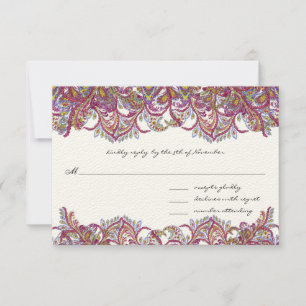 Vintage Paisley Raspberry Feathers RSVP Card