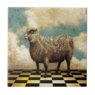 Vintage Paisley Sheep in Brown Ceramic Tile