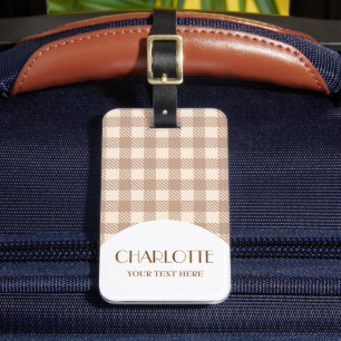 Vintage pale brown beige preppy gingham checked luggage tag