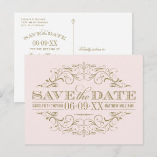Vintage Pale Pink Gold Scrollwork Save the Date Announcement Postcard