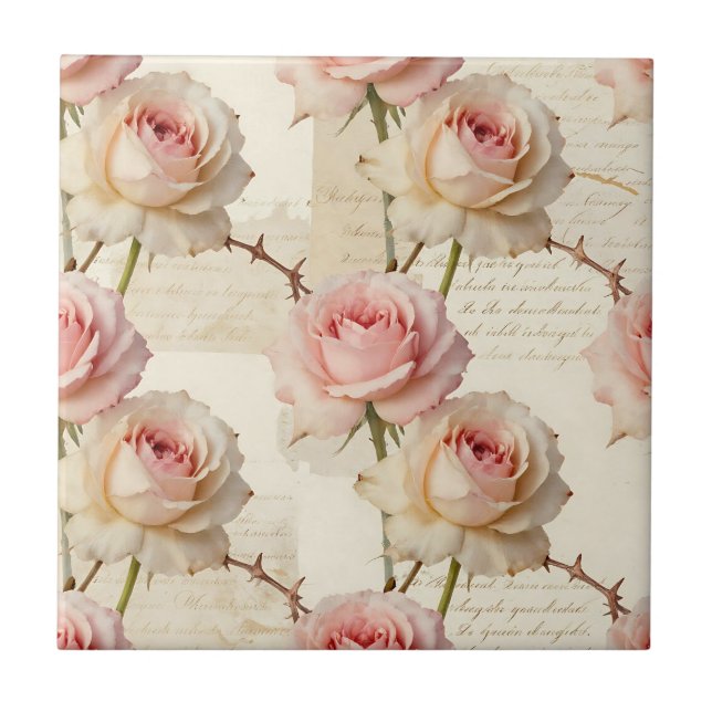 Vintage Pale Pink Rose Script Pattern Ceramic Tile (Front)