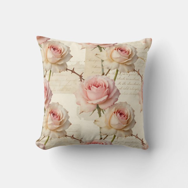 Vintage Pale Pink Rose Script Pattern Cushion (Front)