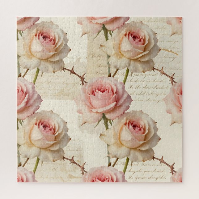 Vintage Pale Pink Rose Script Pattern Jigsaw Puzzle (Vertical)