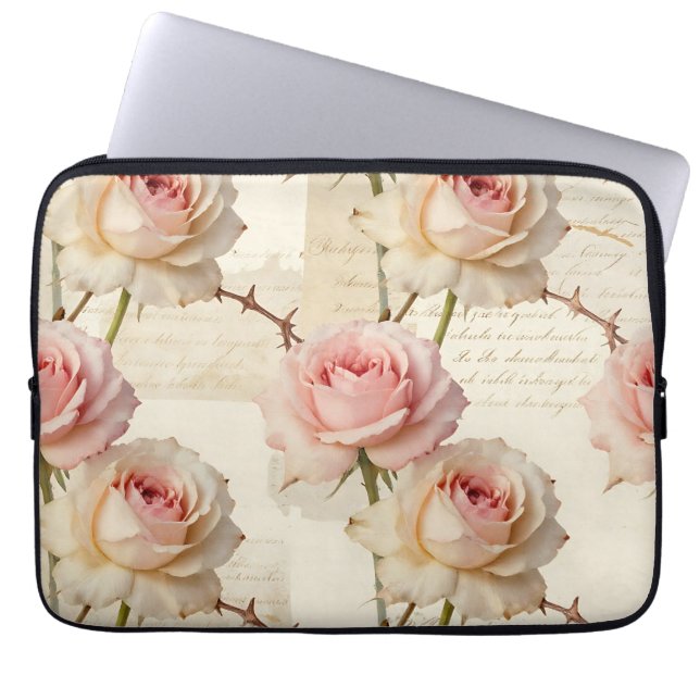 Vintage Pale Pink Rose Script Pattern Laptop Sleeve (Front)