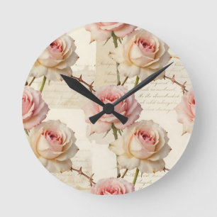 Vintage Pale Pink Rose Script Pattern Round Clock