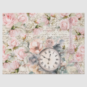 Vintage Pale Pink Roses Old Letter Clock Decoupage Tissue Paper