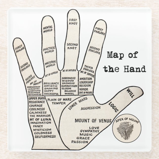 Vintage palm reading palmistry fortune glass coaster (Front)