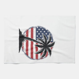 Vintage Palm Tree American Flag Summer Shirt_1 Tea Towel