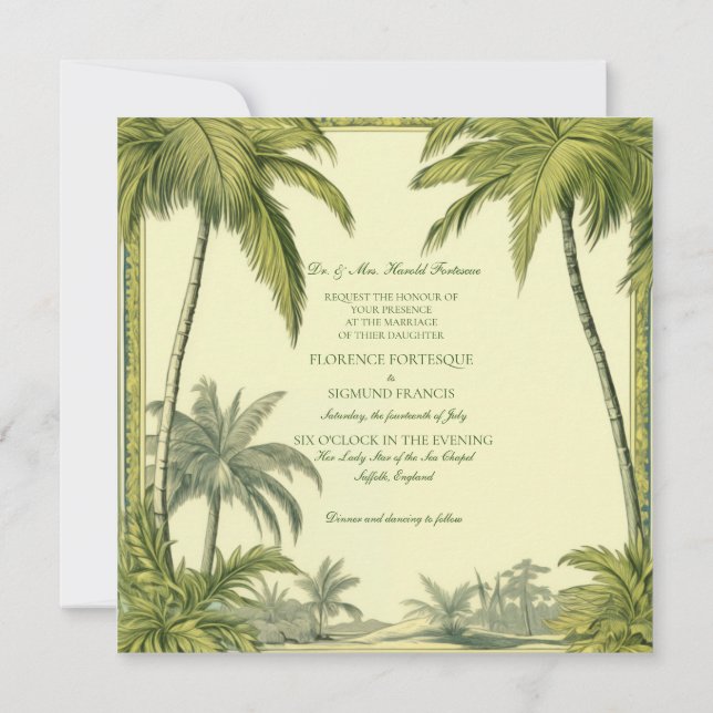Vintage Palm Tree Destination Wedding Invitation (Back)