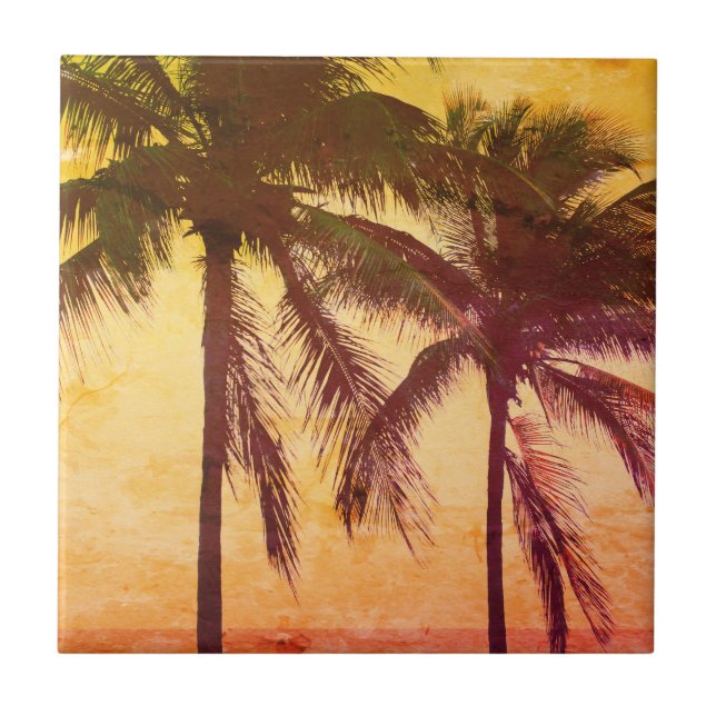 Vintage palm tree sunset custom photo Ceramic Tile (Front)