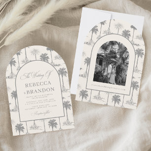 Vintage Palm Tree Toile Arch Shaped Beach Wedding Invitation