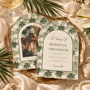 Vintage Palm Tree Toile De Jouy Beach Wedding Invitation