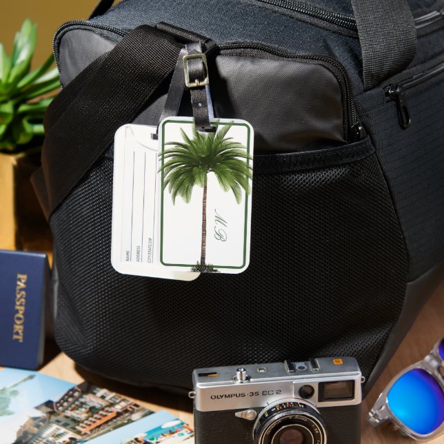 Vintage Palm Tree Tropical Elegant Momgram Luggage Tag (Front & Back)