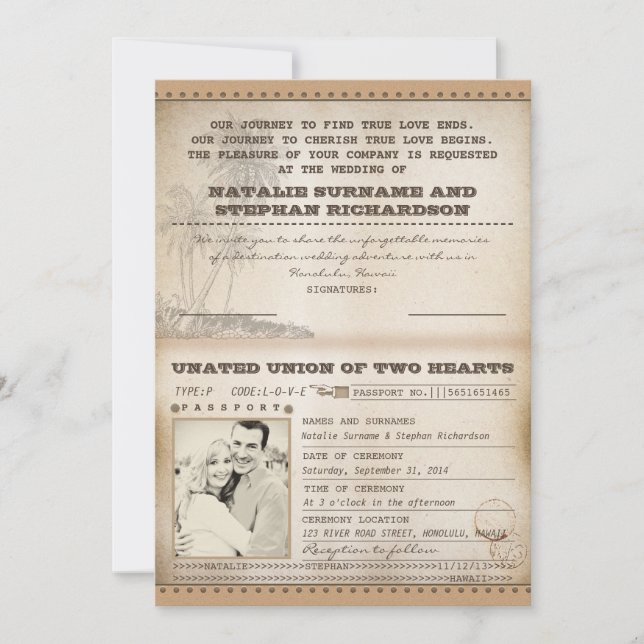 vintage palms wedding passport invitations (Front)