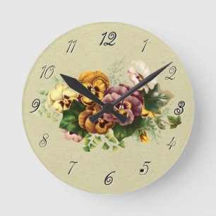 Vintage Pansies Bouquet Round Clock