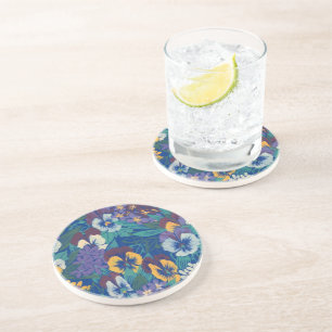 Vintage Pansy Floral Pattern   Blue Cottage Garden Coaster