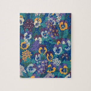 Vintage Pansy Floral Pattern   Blue Cottage Garden Jigsaw Puzzle