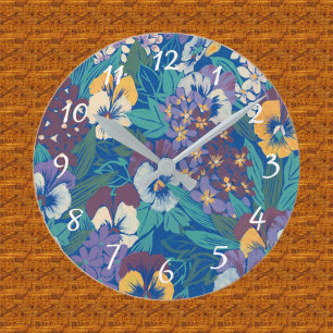 Vintage Pansy Floral Pattern   Blue Cottage Garden Round Clock